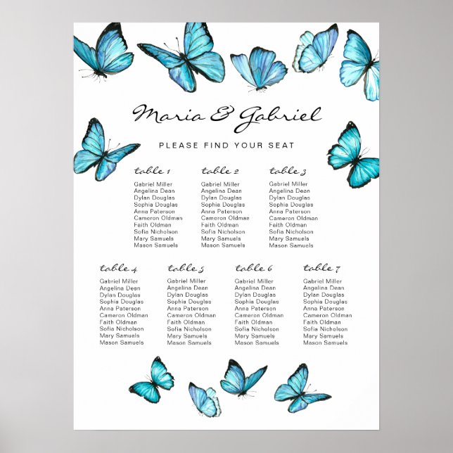 Poster Papillons d'aquarelle bleu Mariage Carte de siège (Devant)