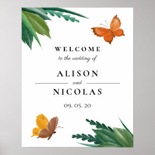 Poster Papillons d'aquarelle Mariage de feuillage vert
