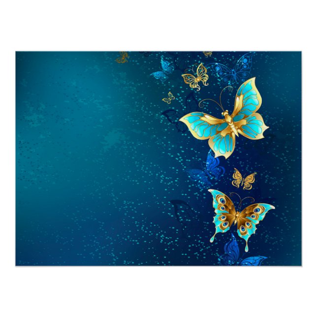 Poster Papillons d'or sur un Arrière - plan bleu (Devant)