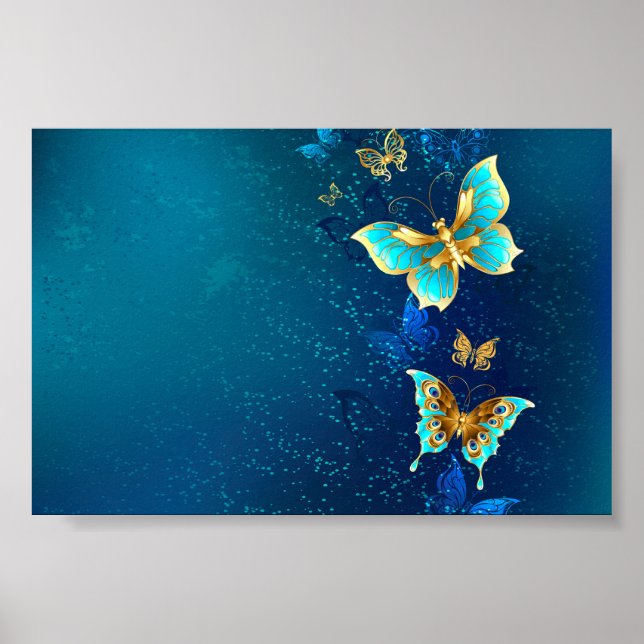Poster Papillons d'or sur un Arrière - plan bleu (Devant)