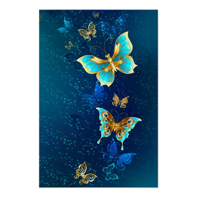 Poster Papillons d'or sur un Arrière - plan bleu (Devant)