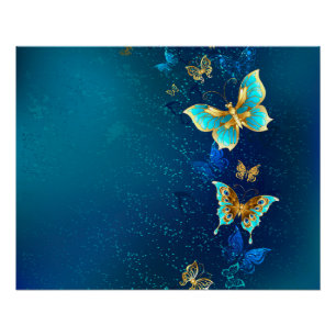 Poster Papillons d'or sur un Arrière - plan bleu