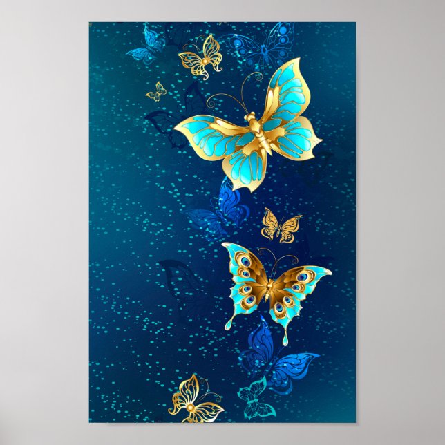 Poster Papillons d'or sur un Arrière - plan bleu (Devant)