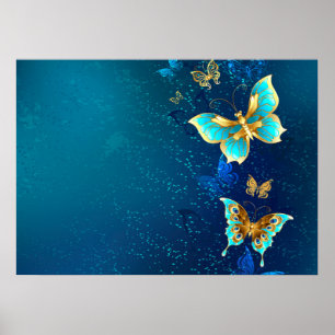 Poster Papillons d'or sur un Arrière - plan bleu