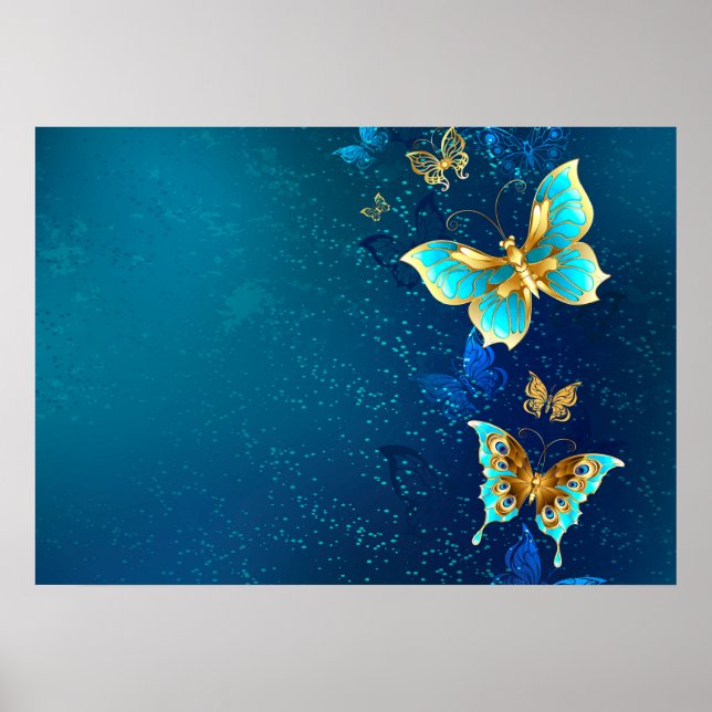 Poster Papillons d'or sur un Arrière - plan bleu (Devant)