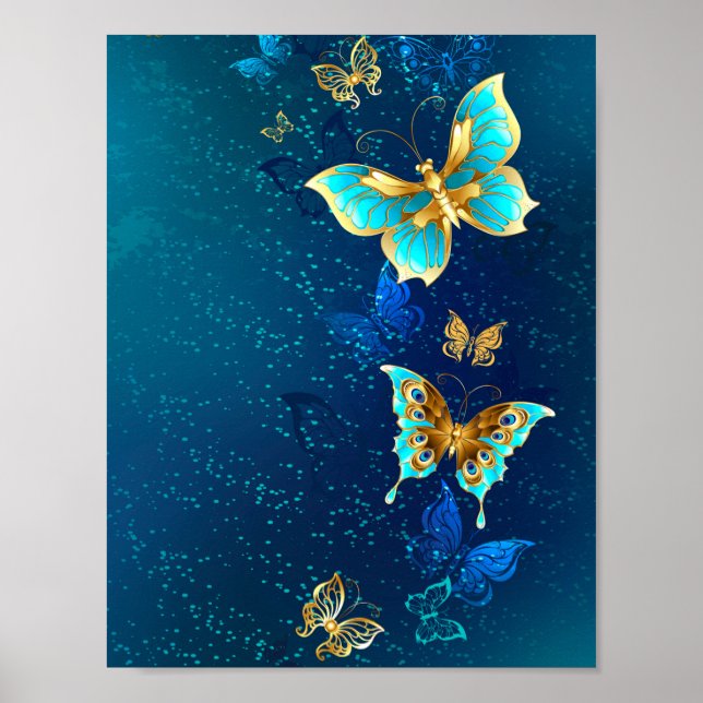 Poster Papillons d'or sur un Arrière - plan bleu (Devant)