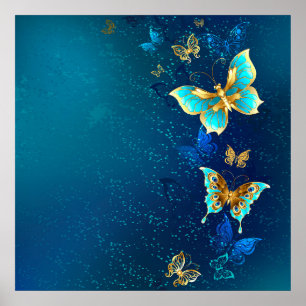 Poster Papillons d'or sur un Arrière - plan bleu
