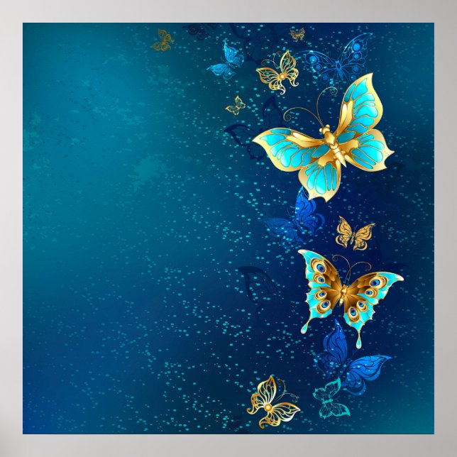 Poster Papillons d'or sur un Arrière - plan bleu (Devant)