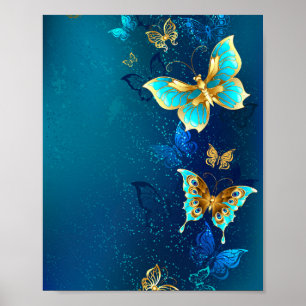 Poster Papillons d'or sur un Arrière - plan bleu
