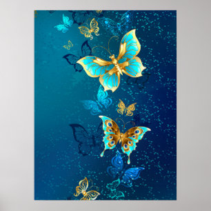 Poster Papillons d'or sur un Arrière - plan bleu