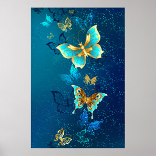 Poster Papillons d'or sur un Arrière - plan bleu