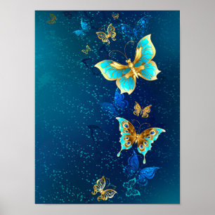 Poster Papillons d'or sur un Arrière - plan bleu
