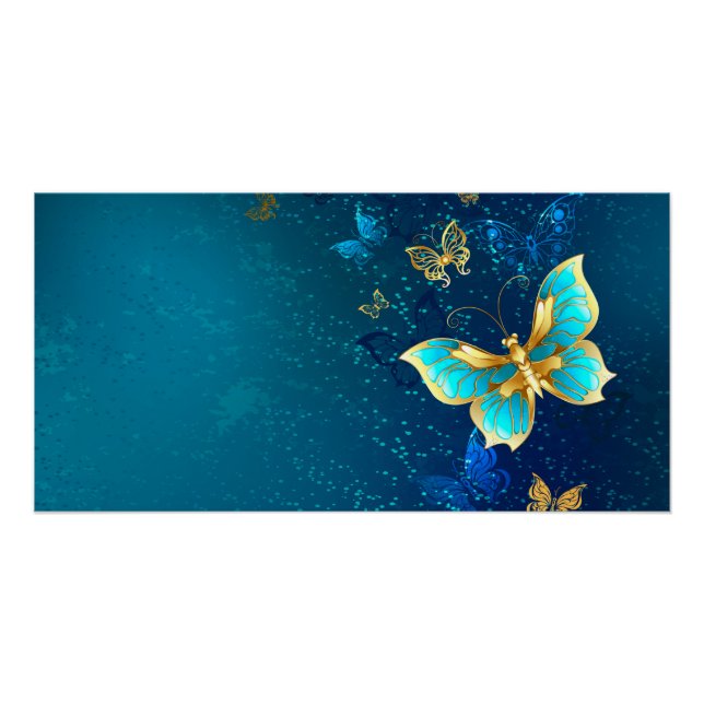 Poster Papillons d'or sur un Arrière - plan bleu (Devant)