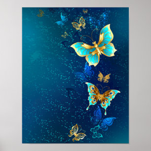 Poster Papillons d'or sur un Arrière - plan bleu