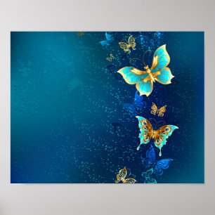 Poster Papillons dorés sur fond bleu