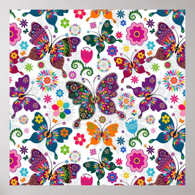 Poster Papillons et fleurs colorés rétro Motif (Devant)