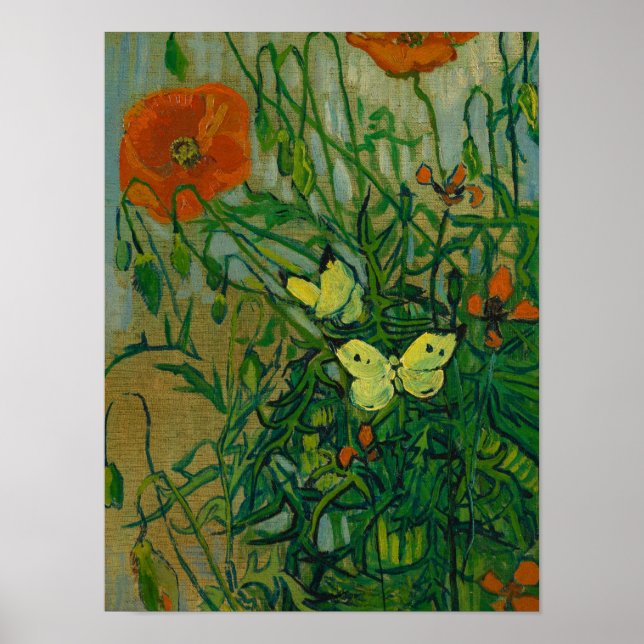 Poster Papillons et pavots, 1889 par Vincent van Gogh (Devant)