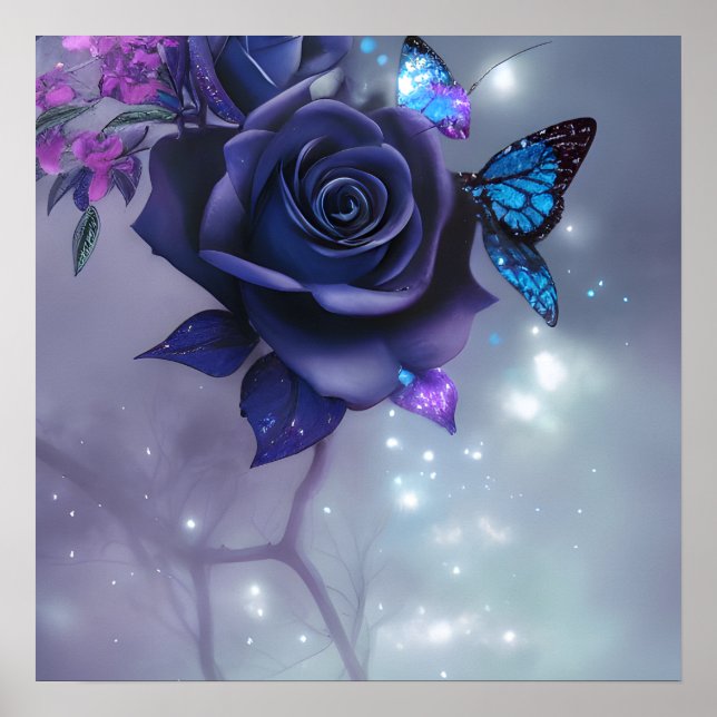 Poster Papillons et Rose pourpre (Devant)