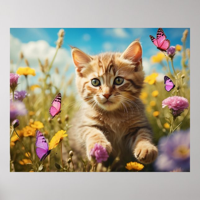 Poster *~* Papillons Fleurs Chat 5:4  Chaton Chat AP68 (Devant)