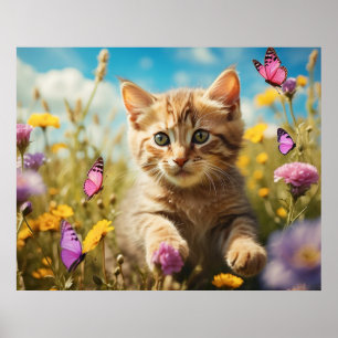 Poster *~* Papillons Fleurs Chaton 5:4  Chat Kitty AP68