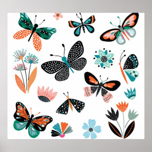 Poster Papillons Fleurs : Collection Dessinée à la main