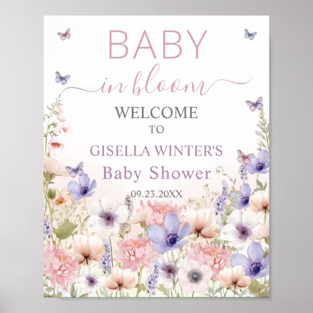 Poster Papillons Fleurs sauvages violets rose bébé en fle (Devant)