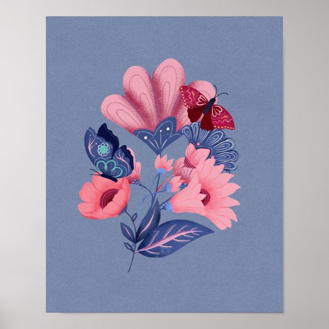 Poster Papillons floraux bleu rose Art folklorique (Devant)
