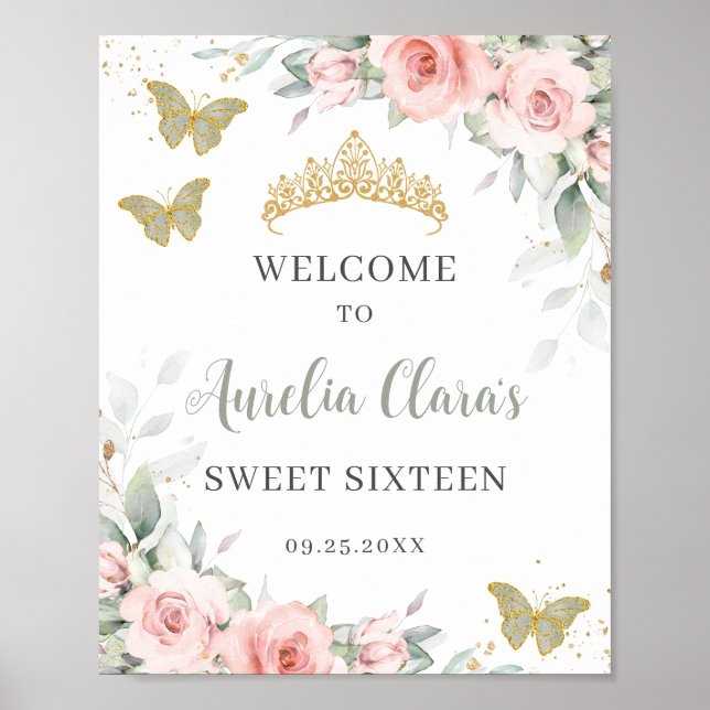 Poster Papillons Floraux bleus Sweet sixteen vert Sage (Devant)
