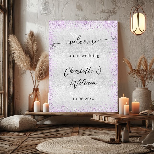 Poster papillons mariage violet argent bienvenue (Créateur téléchargé)