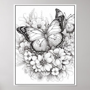 Poster Papillons mignons/Fleurs Coloration