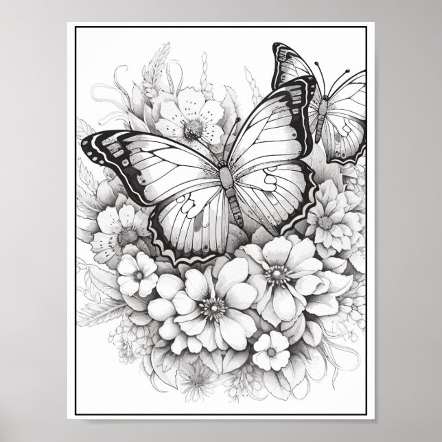Poster Papillons mignons/Fleurs Coloration (Devant)