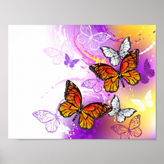 Poster Papillons Monarque sur Arrière - plan pourpre (Devant)