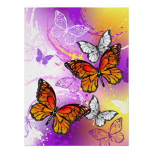Poster Papillons Monarque sur Arrière - plan pourpre