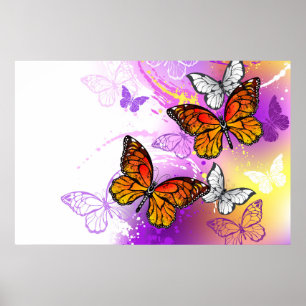 Poster Papillons Monarque sur Arrière - plan pourpre