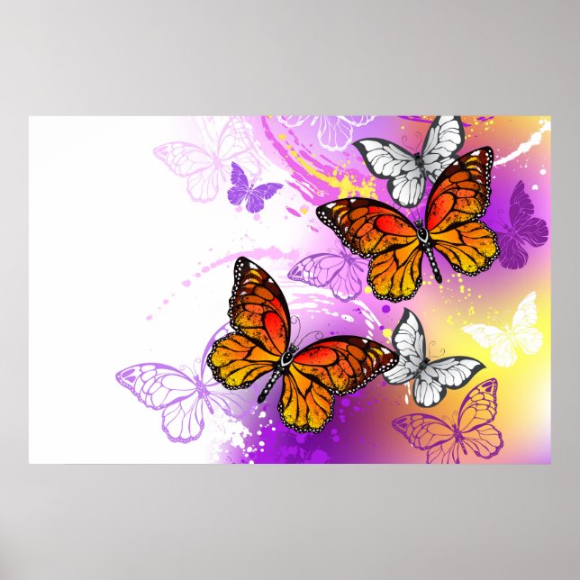 Poster Papillons Monarque sur Arrière - plan pourpre (Devant)
