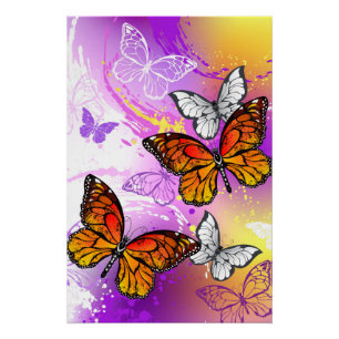 Poster Papillons Monarque sur Arrière - plan pourpre