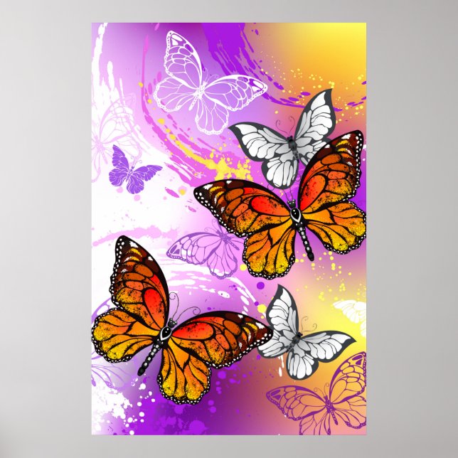 Poster Papillons Monarque sur Arrière - plan pourpre (Devant)