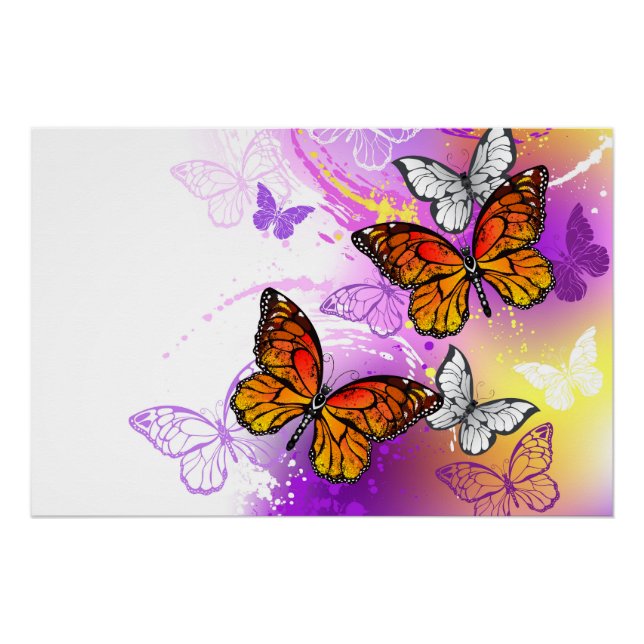 Poster Papillons Monarque sur Arrière - plan pourpre (Devant)
