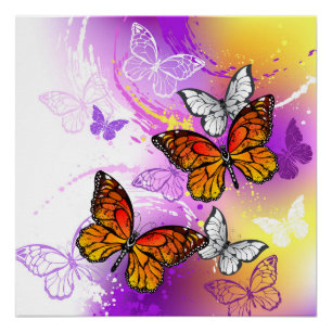 Poster Papillons monarques sur fond violet