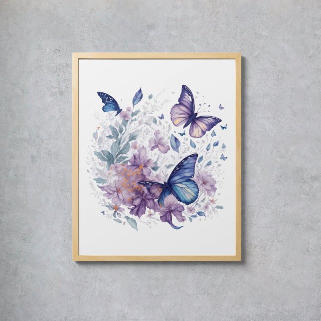 Poster Papillons mystiques Aquarelle Purple Blue Flower (Mystical Butterflies Watercolor Purple Blue Flower Poster
)
