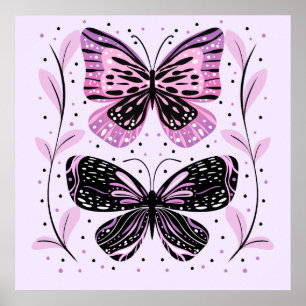 Poster Papillons noirs, roses, violets