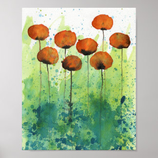 Poster Papillons orange et vert, mur de fleurs d'aquarell