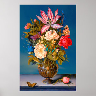 Poster Papillons rose vase table arrangement fleur