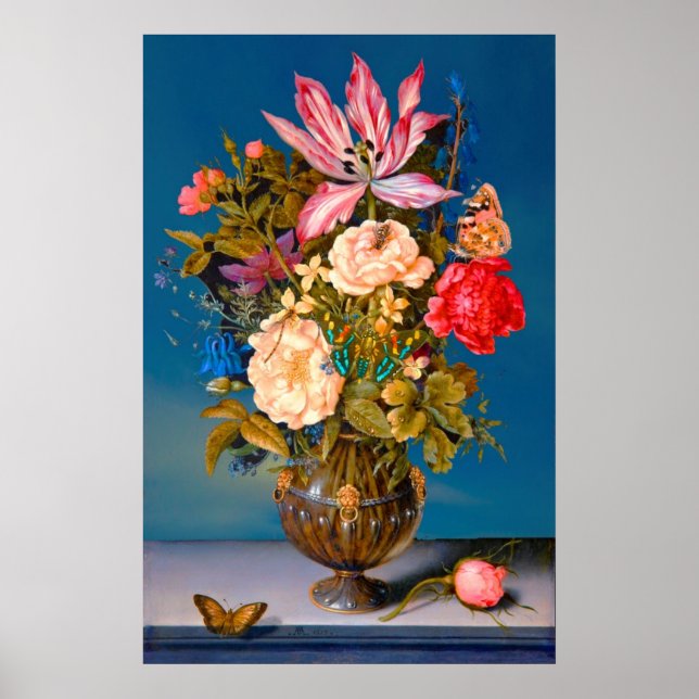 Poster Papillons rose vase table arrangement fleur (Devant)