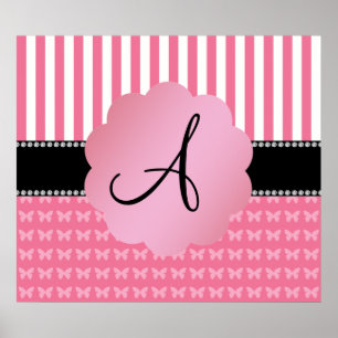 Poster Papillons roses de rayures roses de monogramme