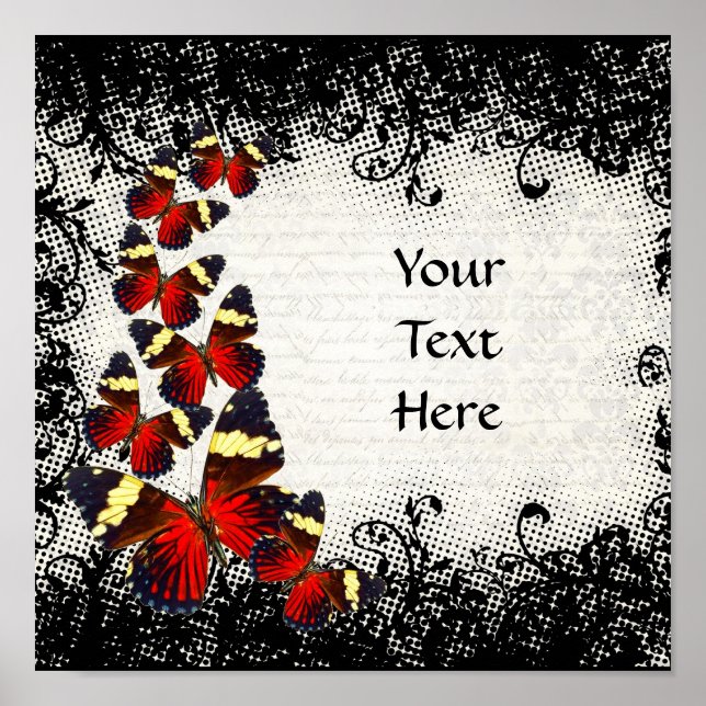Poster Papillons rouges sur dentelle noire (Devant)