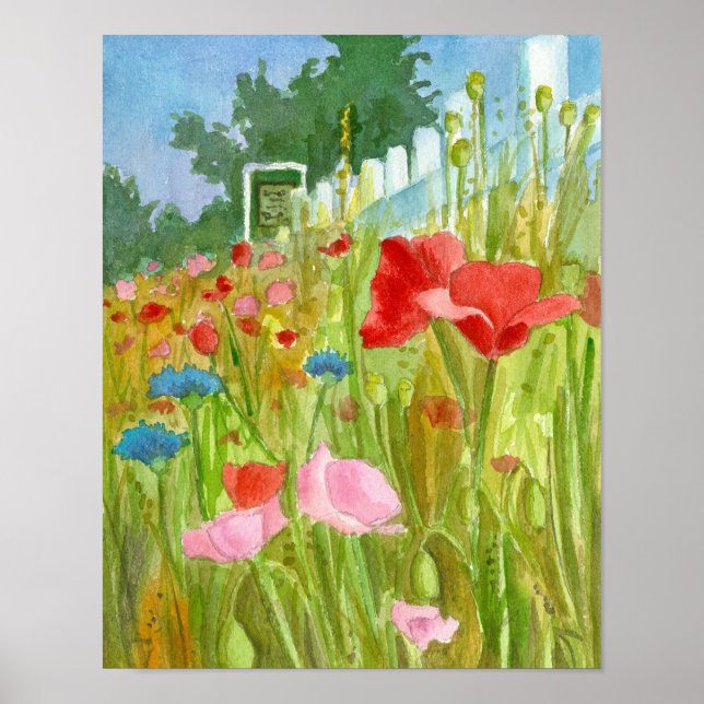 Poster Papillons rouges Watercolor Flowers Picket Fence (Devant)