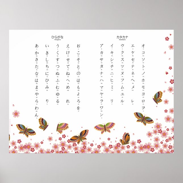 Poster Papillons & Sakura Hiragana Katakana Po japonais (Devant)