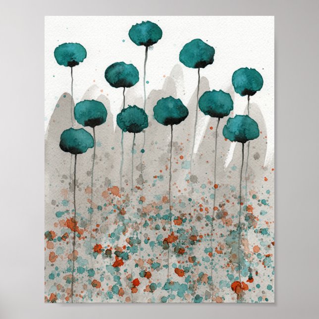 Poster Papillons turquoises et gris, Aquarelle Fleurs Mur (Devant)