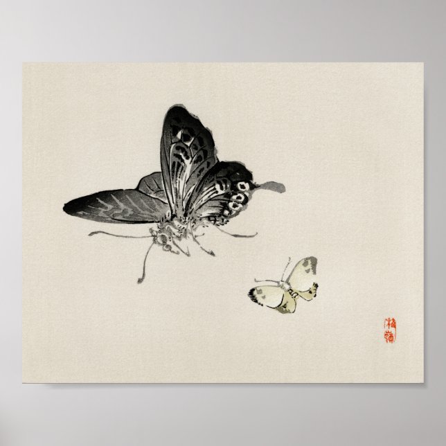 Poster Papillons vintages Kono Bairei Aquarelle (Devant)